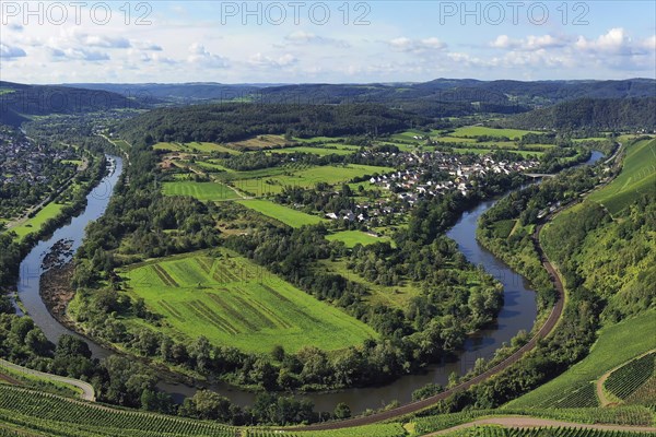 Wiltinger Saarbogen. The river winds through the valley and is surrounded by vineyards and green
