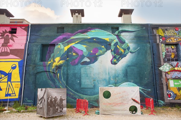 Graffiti on house wall, flying bull, former cattle yard, Munich, Bavaria