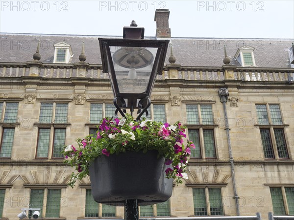 Flower basket on a historic black lantern in front of an old sandstone building, Leiden,