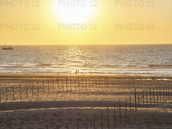 People on the beach at sunset, with a ship in the background, De Haan, Flanders, Belgium, Europe