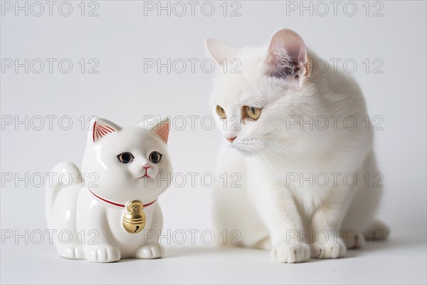 Cute white cat looking at cat figurine on studio background. Generative Ai, AI generated
