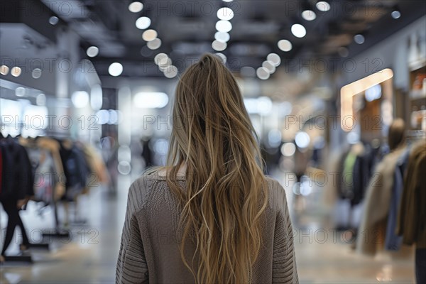 Back view of young woman in clothing store. Generative ai, AI generated