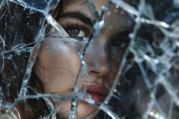 Attractive woman looking at reflection in broken mirror. Generative Ai, AI generated