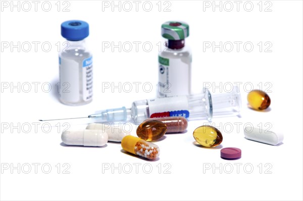 Syringe and medicine bottles as symbol of doping