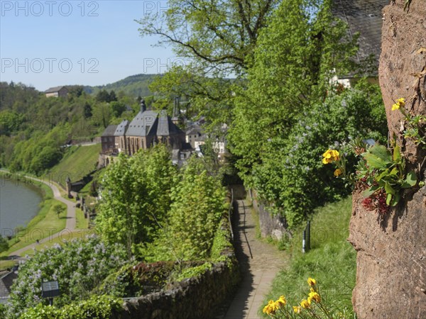 Narrow path with blooming flowers, green trees and views of houses in a medieval village, saarburg,