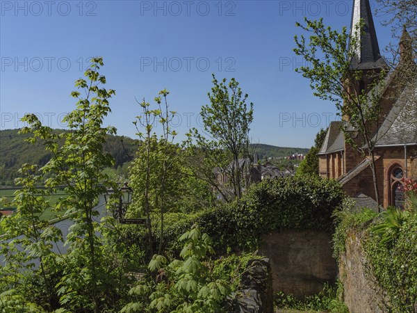Church embedded in green vegetation and half-timbered houses in the sunshine, Saarburg, Germany,