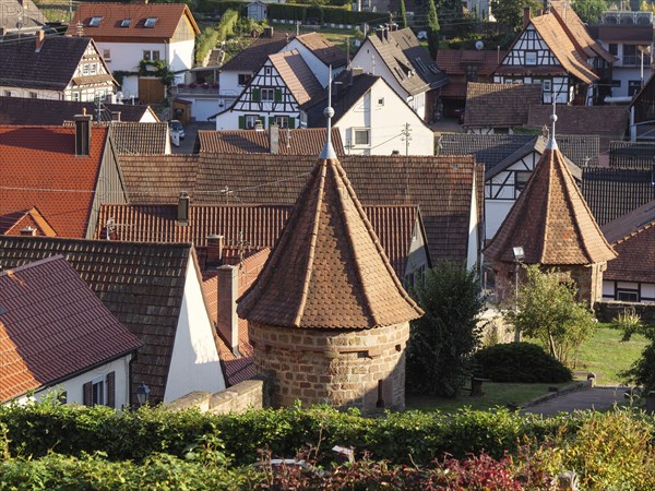 Traditional village view with many tiled roofs and towers. Numerous half-timbered houses