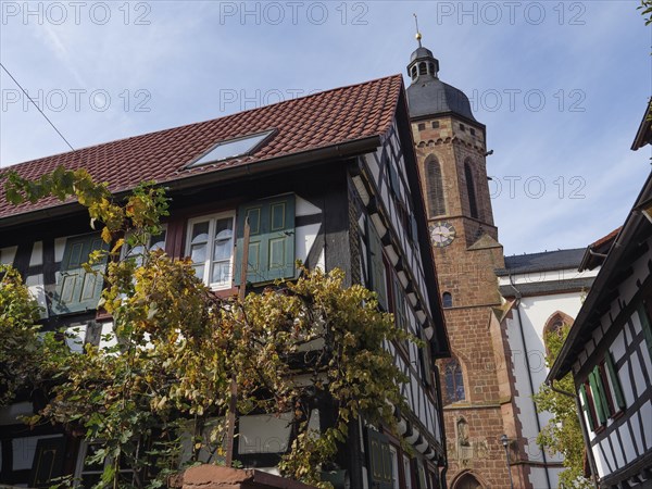 A half-timbered house with green shutters and autumnal vines next to a church, Kandel, Palatinate,