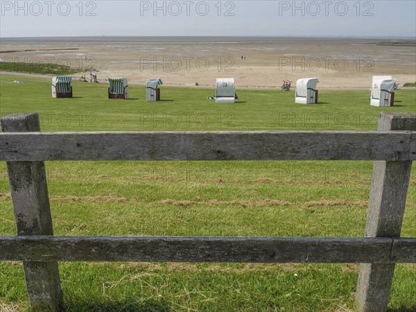 View over a green meadow with beach chairs and a wooden fence to a quiet sandy beach and the sea
