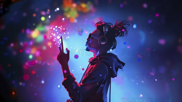 A young man is listening to music on headphones while browsing on his cellphone, AI generated