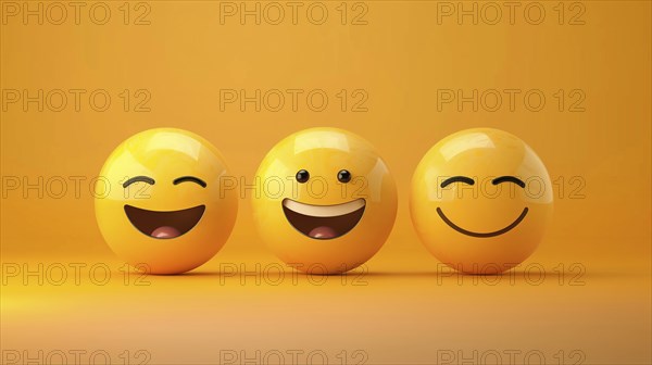 Happy three yellow 3D smiling emojis over yellow background, AI generated