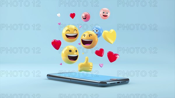 3D emojis emerging from a cellphone, representing positive emotions, AI generated
