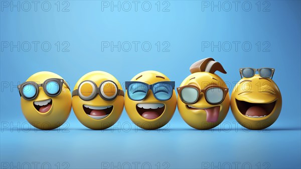 Happy yellow 3D emojis over blue background, AI generated