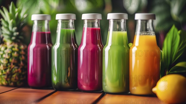 Row of bottles with colorful detox juice, AI generated