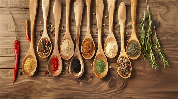 Spices on wooden spoon on a wooden table, AI generated