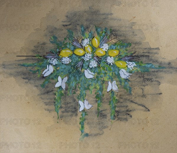 Flower decoration with lemons, design flower decoration for wedding, pencil drawing, sketch, mixed