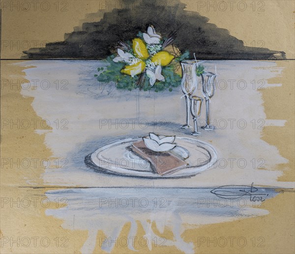 Table decoration, design flower decoration for wedding, pencil drawing, sketch, mixed media,