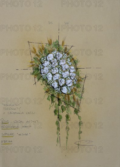 Bouquet of flowers, design floral decoration for wedding, pencil drawing, sketch, mixed media,