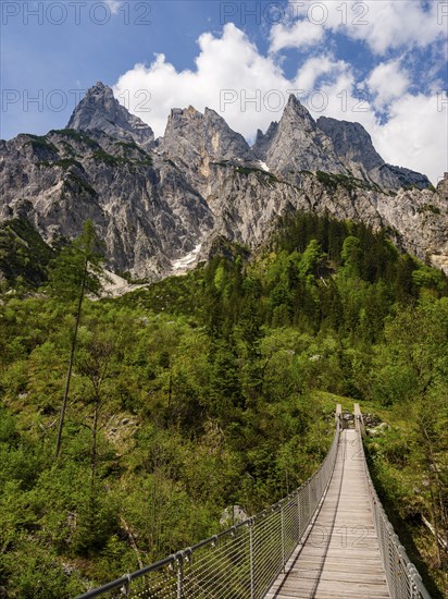 Suspension bridge in front of the Mühlsturzhornern, Klausbachtal, Reiteralpe, Berchtesgaden