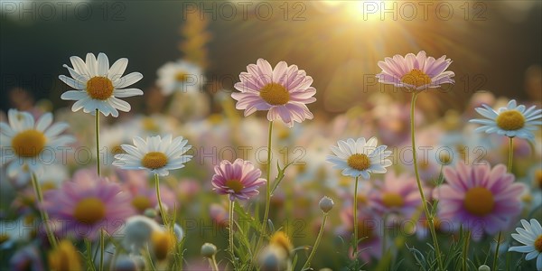 Spring meadow with numerous colourful daisies in the soft evening light. The background is softly