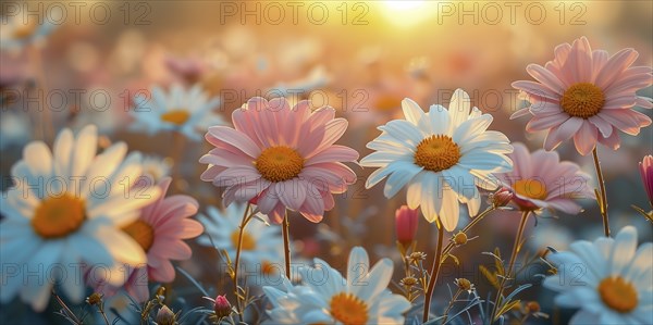 Spring meadow with numerous colourful daisies in the soft evening light. The background is softly