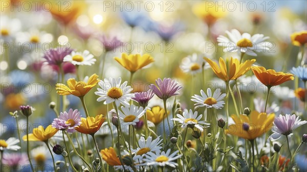 Spring meadow with a variety of colourful daisies and other flowers. The background is softly
