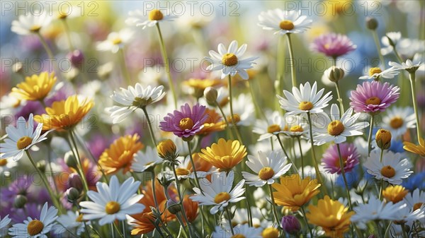 Spring meadow with a variety of colourful daisies and other flowers. The background is softly