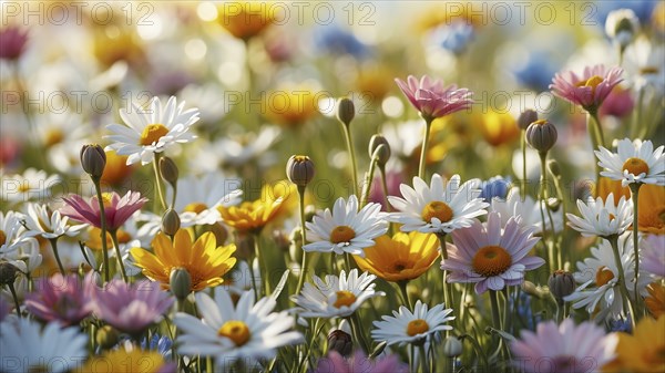 Spring meadow with a variety of colourful daisies and other flowers. The background is softly
