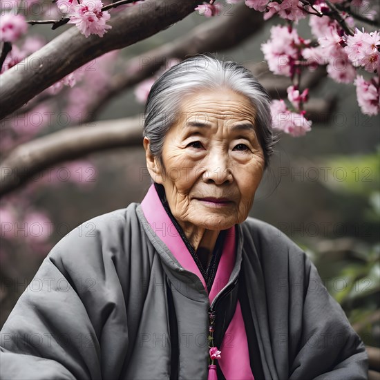 A poised elderly woman in traditional dress with a backdrop of cherry blossoms, AI generated