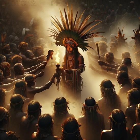 An indigenous leader stands with a torch during a fire ceremony surrounded by the tribe, AI