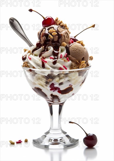 Delicious ice cream sundae topped with whipped cream, chocolate fudge, sprinkles, nuts and cherries