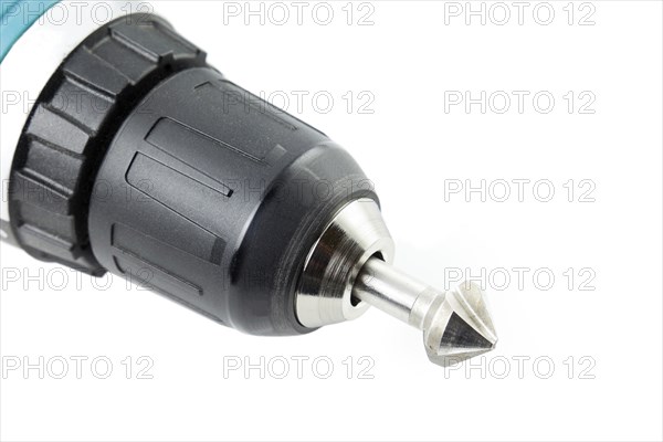 Close-up of the special wood drill, wood drill tool with cordless electric screwdriver