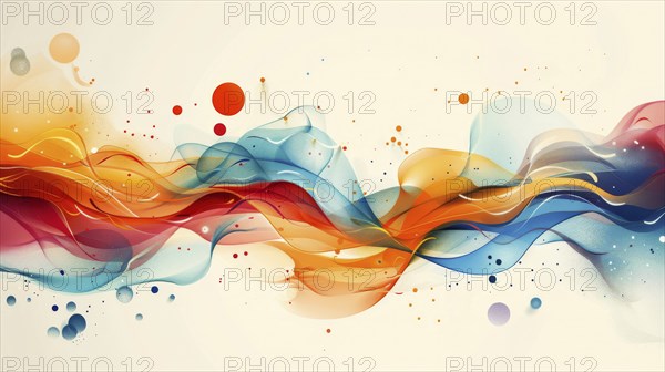 Fluid abstract painting with flowing blue, orange, and red colors on a beige background, giving a