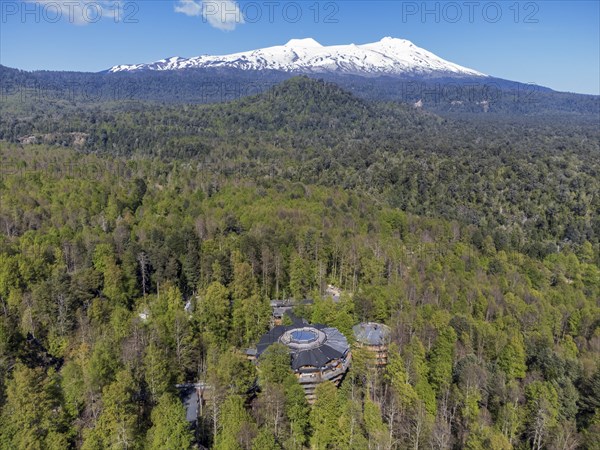 Aerial view of hotel Nothofagus, Reserva Biologica Huilo Huilo, Chile, South America