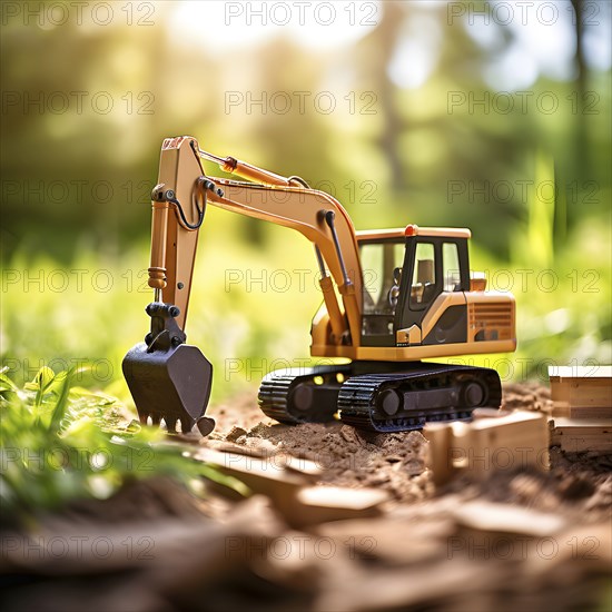 Vintage wooden excavator toy with a playful design in front of blurred background, AI generated