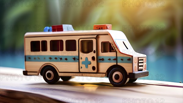 Vintage wooden ambulance car toy with a playful design in front of blurred background, AI generated