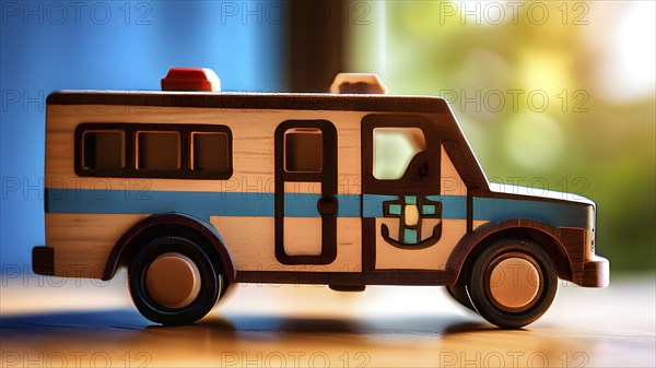 Vintage wooden ambulance car toy with a playful design in front of blurred background, AI generat,