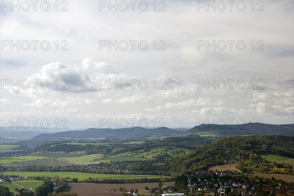 View of the Saale valley of the Salleholzland from the Leuchtenburg castle near Kahla in Thuringia