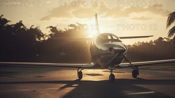 Private luxury jet airplane in tropical location waiting on the tarmac at sunset, generatvie AI, AI