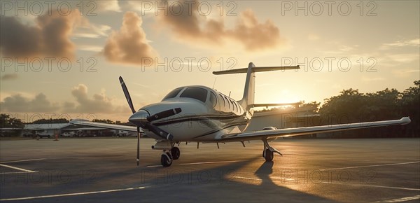 Private luxury jet airplane in tropical location waiting on the tarmac at sunset, generatvie AI, AI