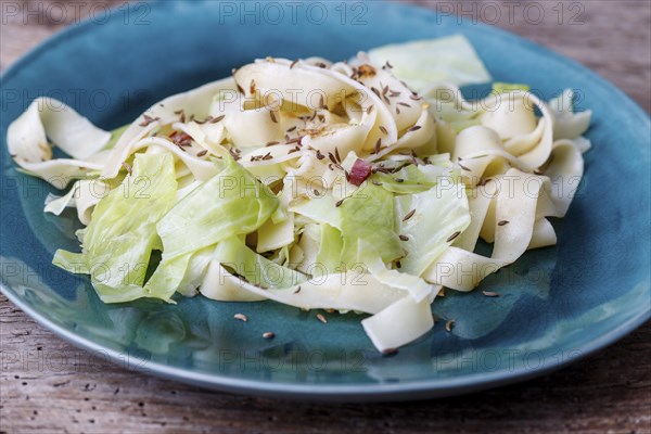 Bavarian cabbage salad on a blue plate