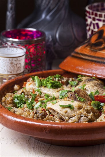 Cooked chicken in a tagine