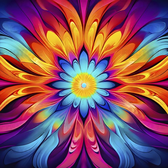 Abstract organic shapes converge in a kaleidoscope of vibrant colors in a minimalist design, AI