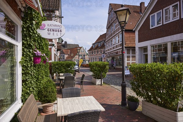 Outdoor area of the Kathrins Genusswelt café with half-timbered houses in Jork, Altes Land, Stade