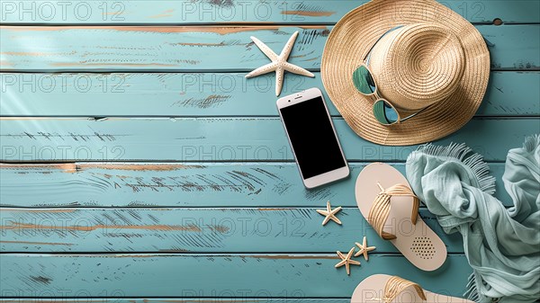 Flat lay style of beach accessories on seafoam blue rusty wooden background with left copy space,