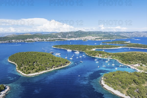 Bays with boats, Pakleni or Paklinski islands off the island of Hvar, Dalmatia, Croatia, Europe