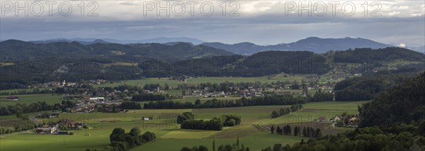 Farmland and hilly landscape, panoramic view, Heimschuh, Styria, Austria, Europe