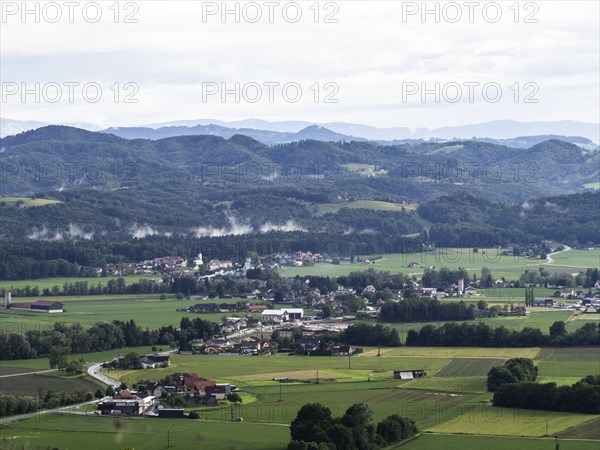 Fields in the village of Heimschuh, fog drifts over hilly landscape, Heimschuh, near Leibnitz,