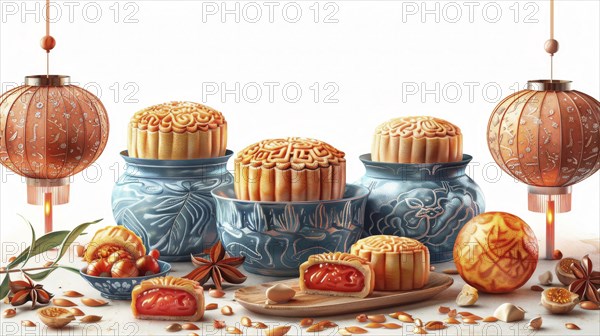 Blue vases with mooncakes and lanterns in an orange theme, representing traditional Chinese