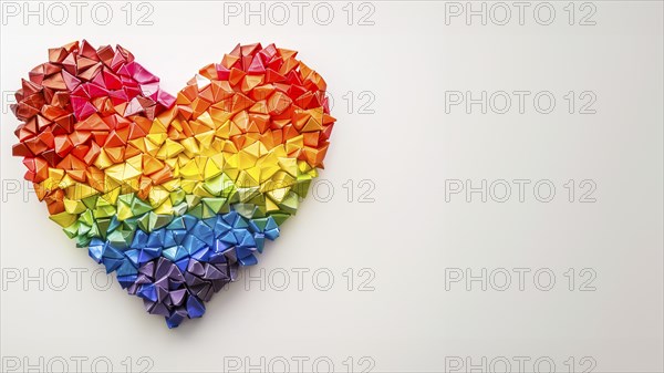 A heart made of LGBT rainbow flag colors over white background and copy space, AI generated